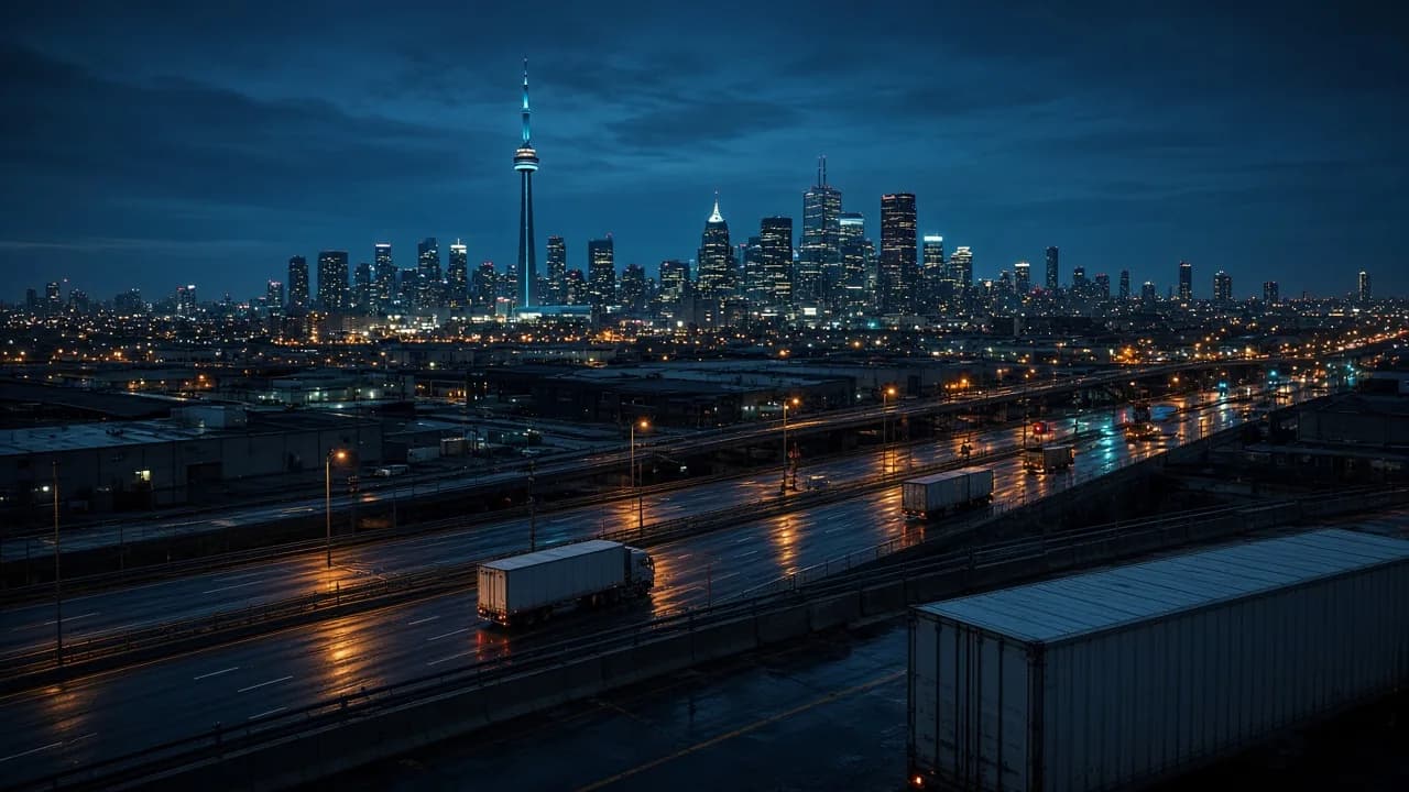 Toronto skyline and freight corridor at dusk