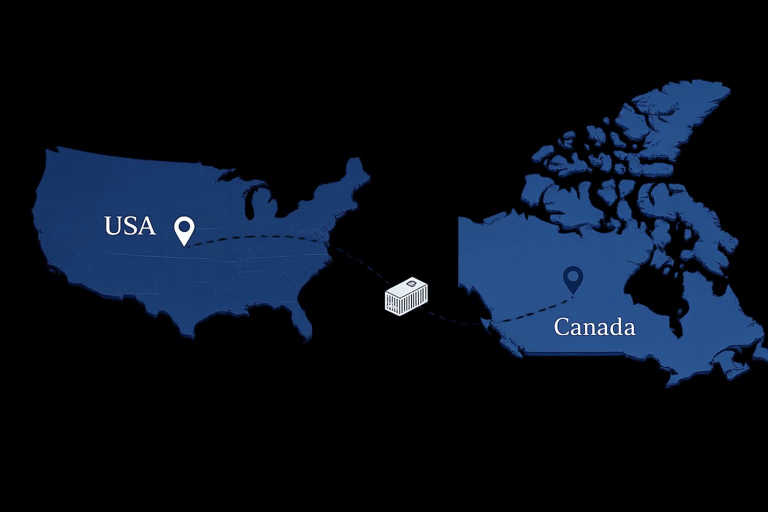 Map illustration showing the Canada-USA cross-border freight corridor with route connection between both countries
