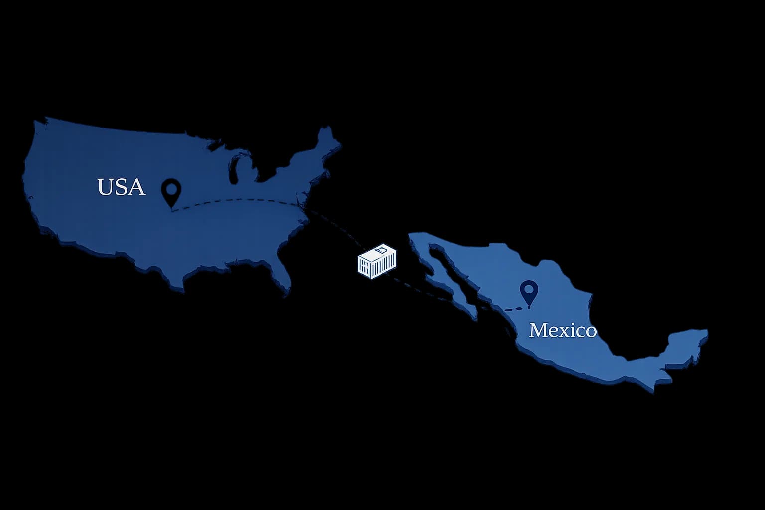 Map illustration showing the U.S.-Mexico cross-border freight corridor with route connection between both countries