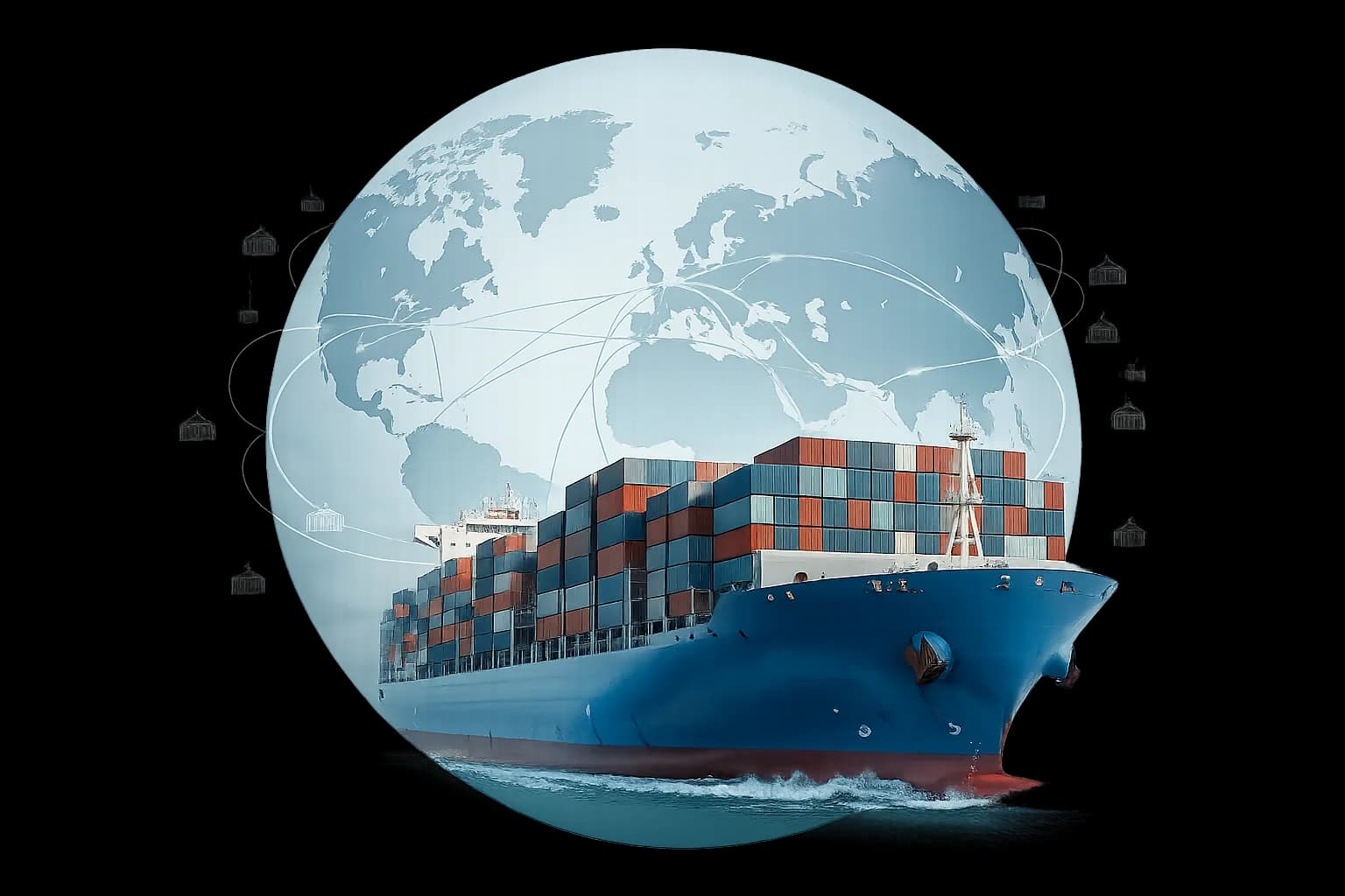 Container ship with global trade network globe