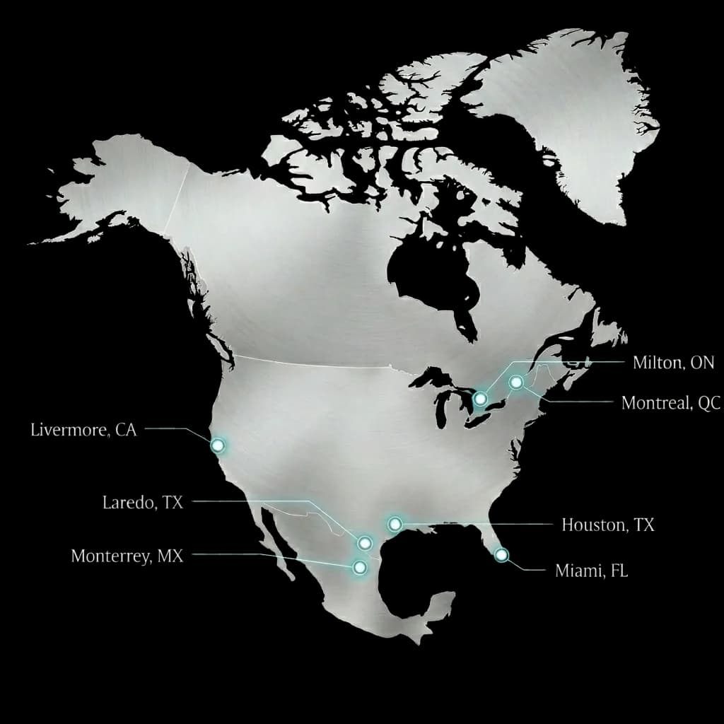 Premium North America network map highlighting our operating locations across Canada, the United States, and Mexico