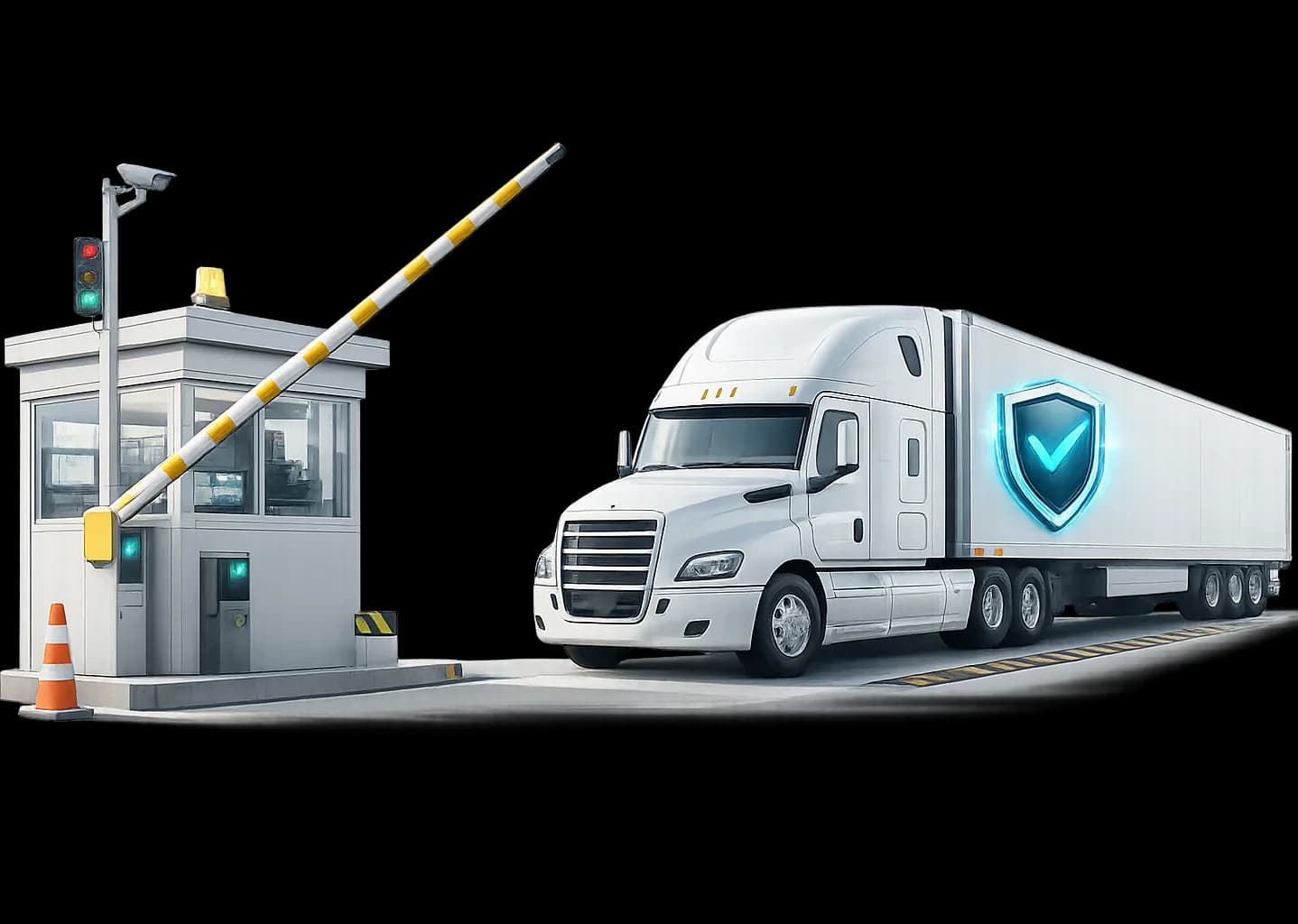 Integrated editorial visual of a compliant freight operation in a refined logistics environment