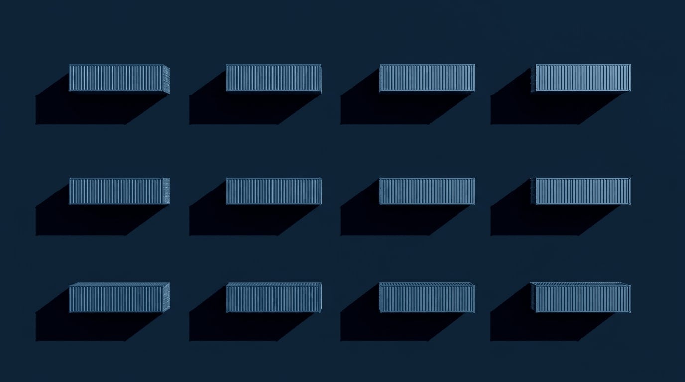 Top-down view of shipping containers on a navy yard—abstract logistics composition for Insights.