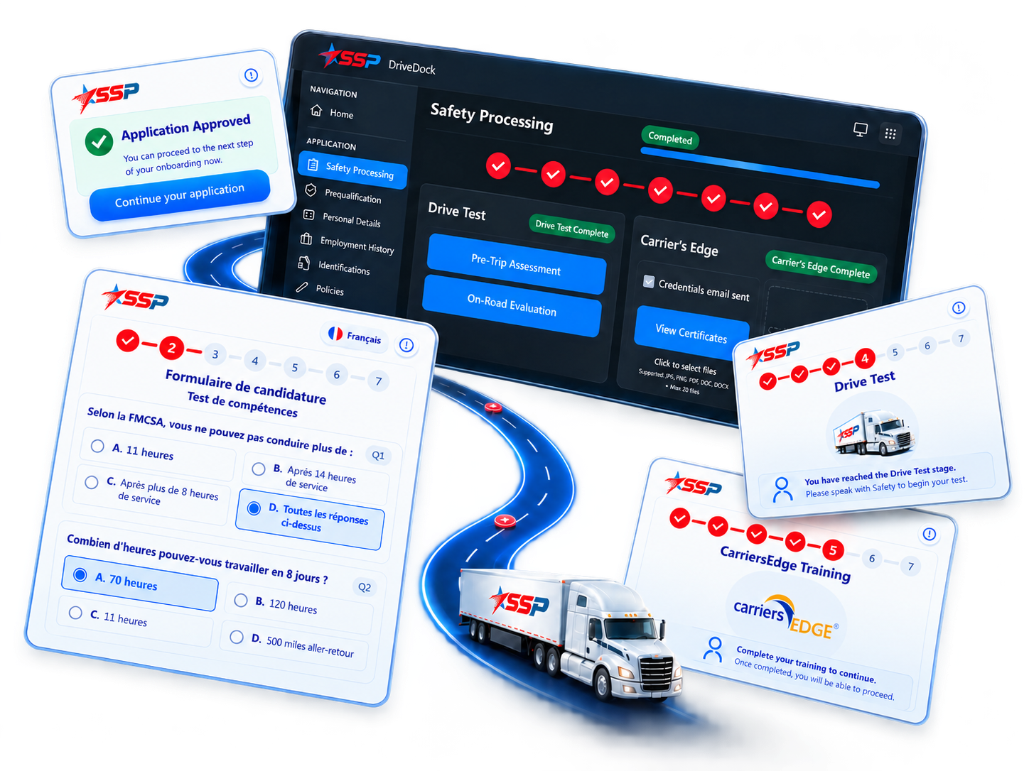 DriveDock onboarding platform: safety processing dashboard, multilingual application forms, and step-by-step driver progress screens